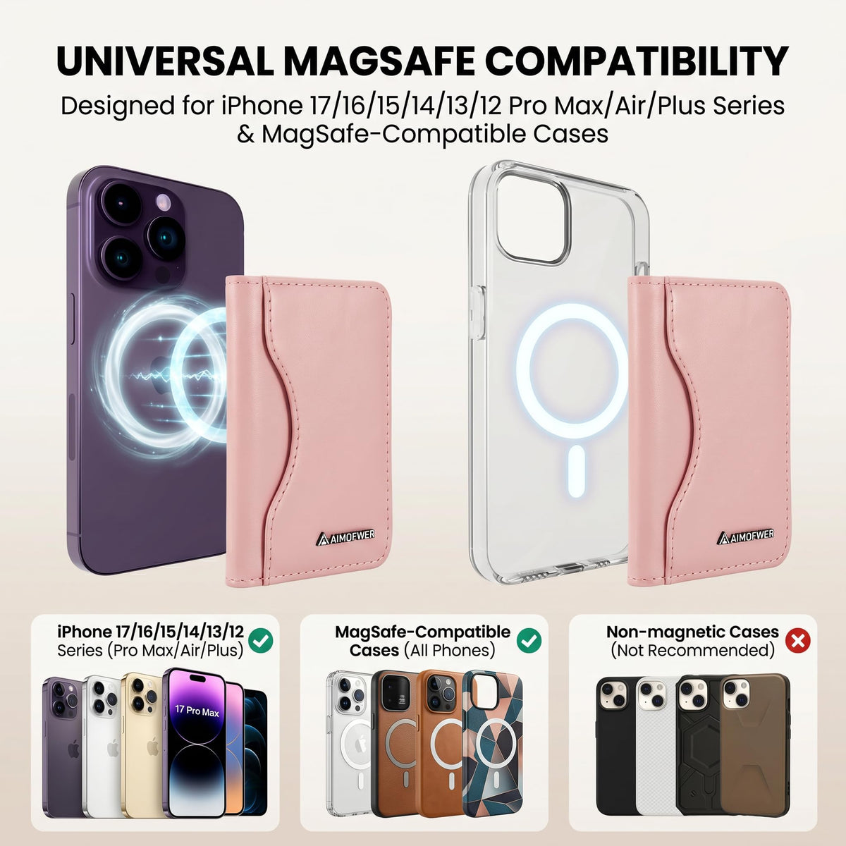 AIMDFWER Magsafe Wallet Women with 7 Credit Card Holders&ID Window, Strong Magnet Minimalist RFID Blocking Sleeves for MagSafe Phones and Cases, Compatible with iPhone 12/13/14/15/16/17 Series(Pink)