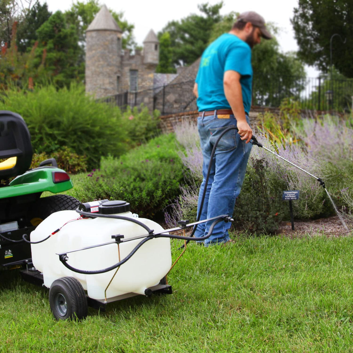 Brinly Self-Storing Tow Behind Lawn and Garden Sprayer with Collapsible Boom, 25-Gallon