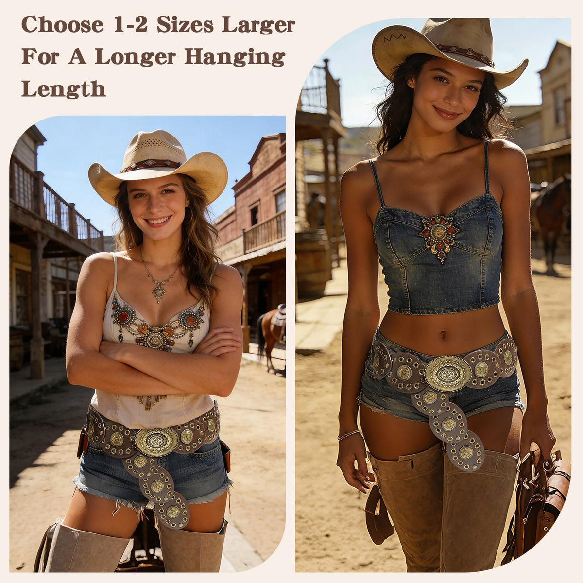 GDfrhao Leather Western Boho Belts for Woman, 39.37inch Concho Vintage Belt for womens Dress Jeans, Country Brown