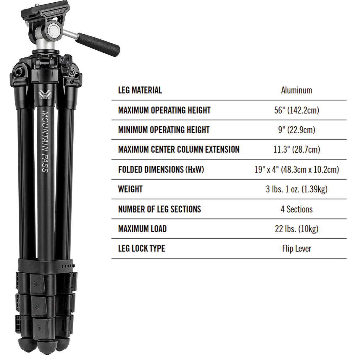 Vortex Optics Mountain Pass Tripod Kit - 2-Way Pan Head, 22 lb Max Load, Arca-Swiss Head Mount - Unlimited, Unconditional Warranty