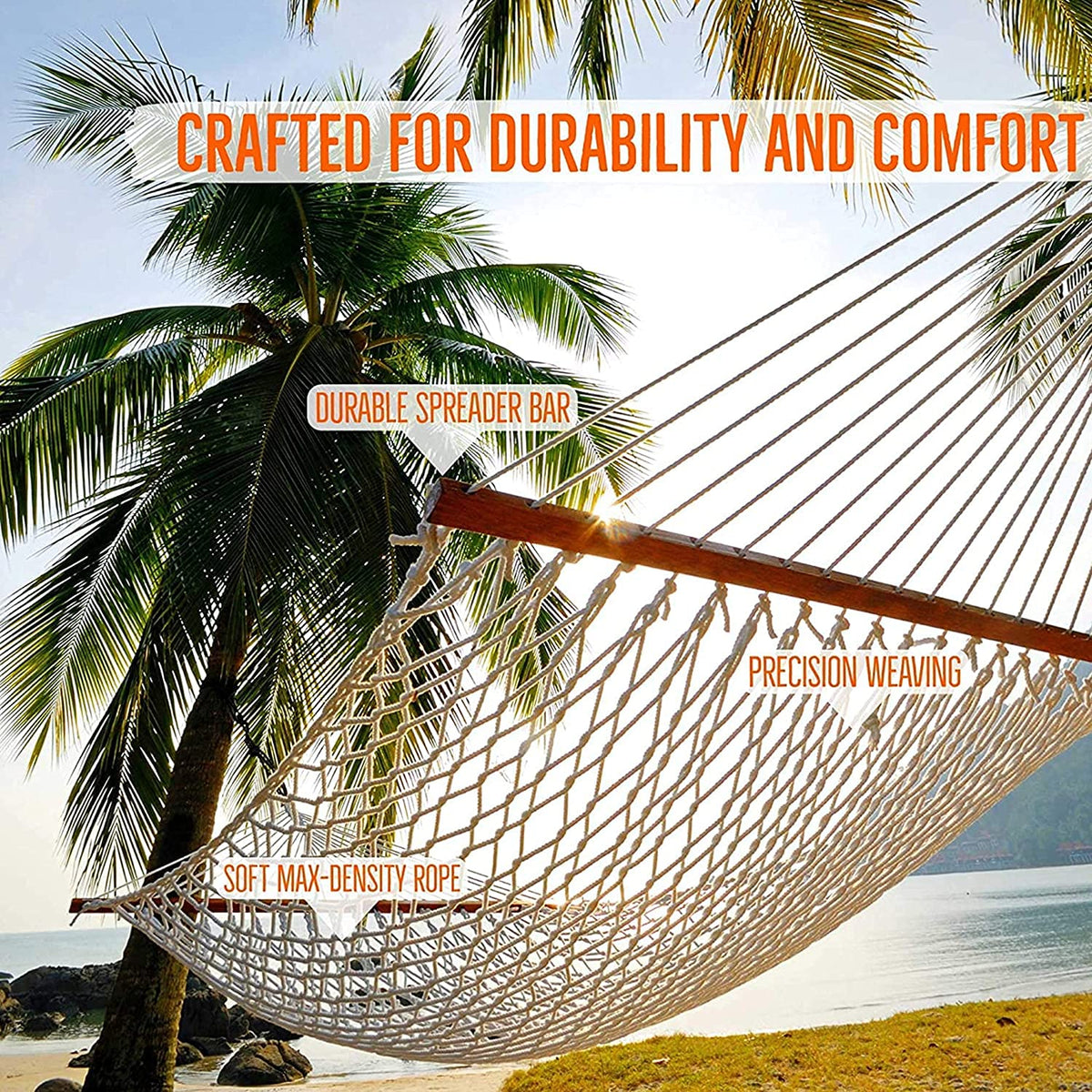 Castaway Living 13 ft. Double Traditional Hand Woven Oatmeal Cotton Rope Hammock – 2-Person, 450 lb Capacity, Free Extension Chains & Tree Hooks, Designed in The USA