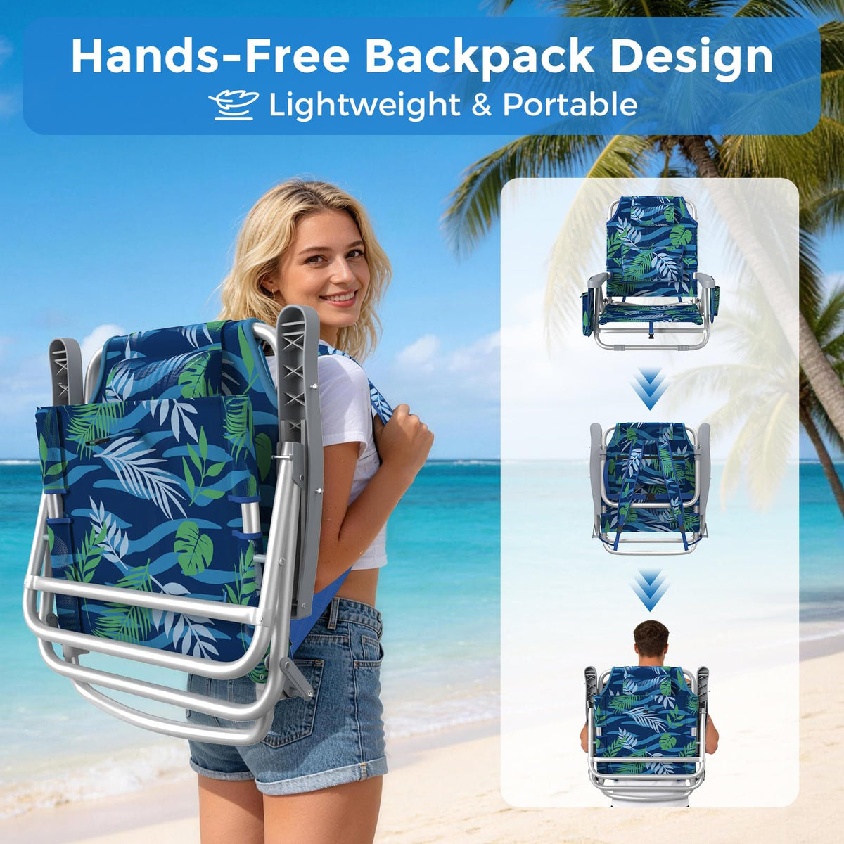 5-Position Backpack Beach Chair for Adults with Lumbar, Foldable Tall Heavy-Duty Beach Chairs with Cooler Bag,Cup Holder,Towel Rack for Beach, Camping, Outdoor