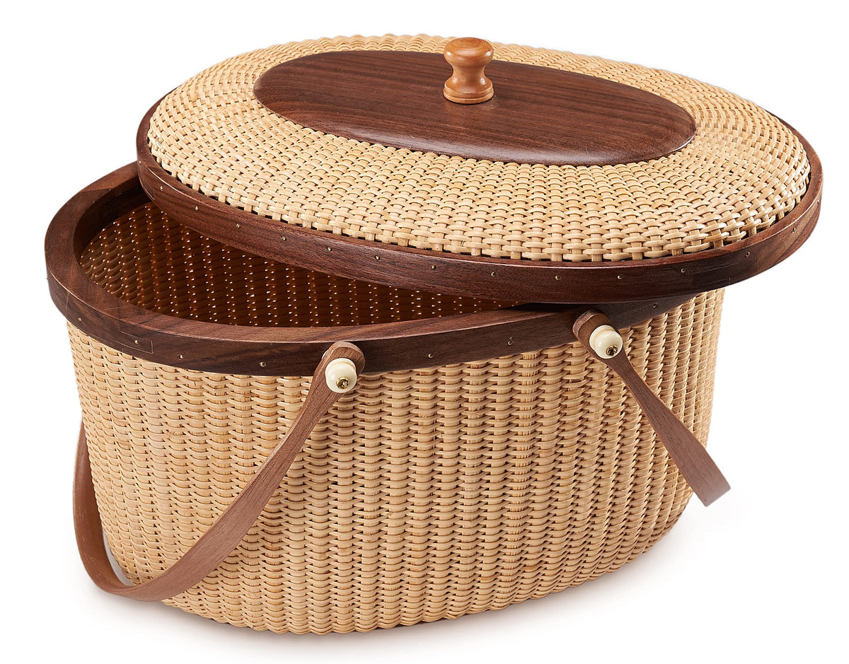 Teng Jin Nantucket Sewing Basket Purse, Containers with Dual Wood Handles .Cane-on-cane weave basket craft basket, with lid with handle