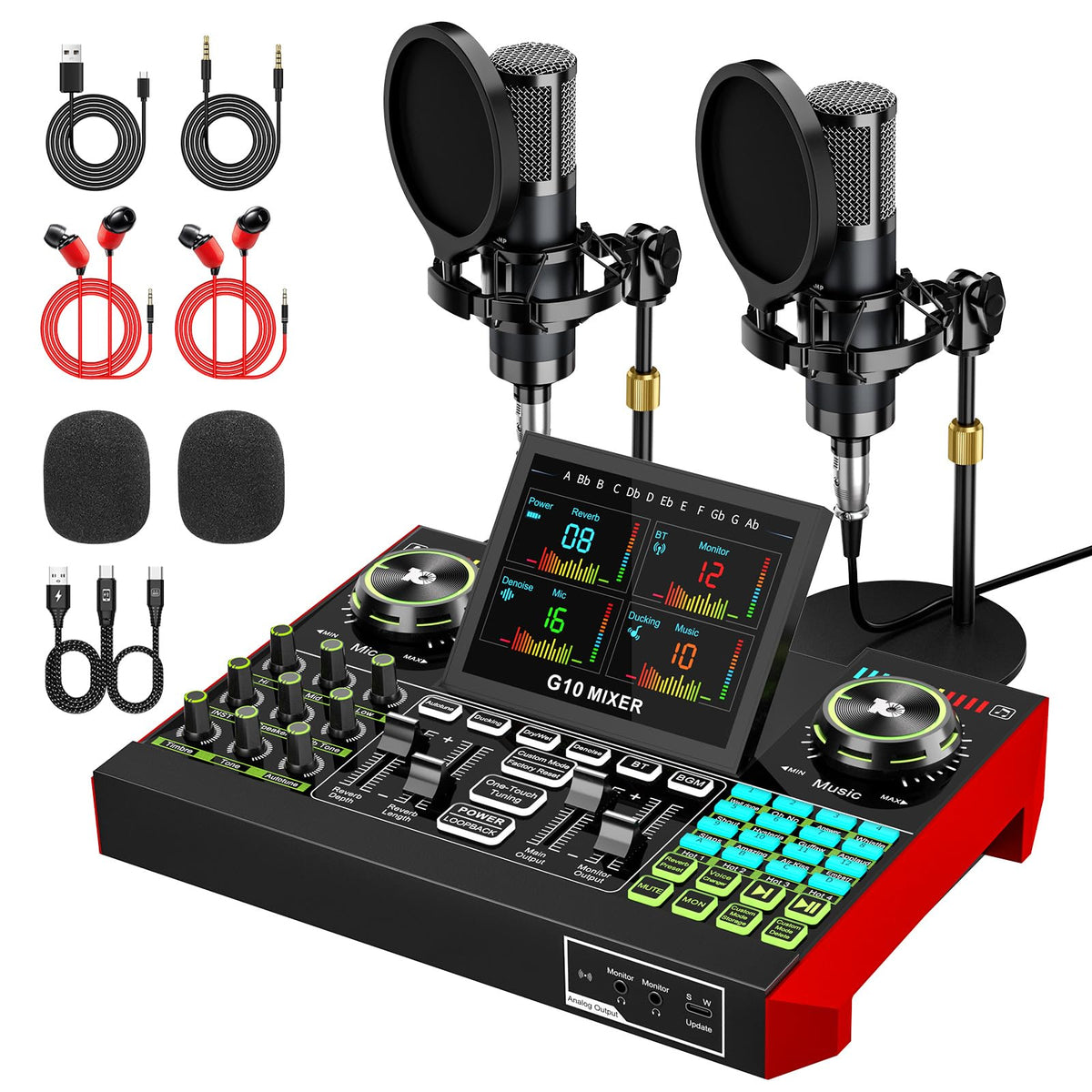 tenlamp G10 Dual Microphone Podcast Equipment Bundle with Live Sound Board Audio Mixer - Two Condenser Mics, Voice Changer, Noise Reduction, for PC/Phone Streaming, Gaming, Singing, Podcast