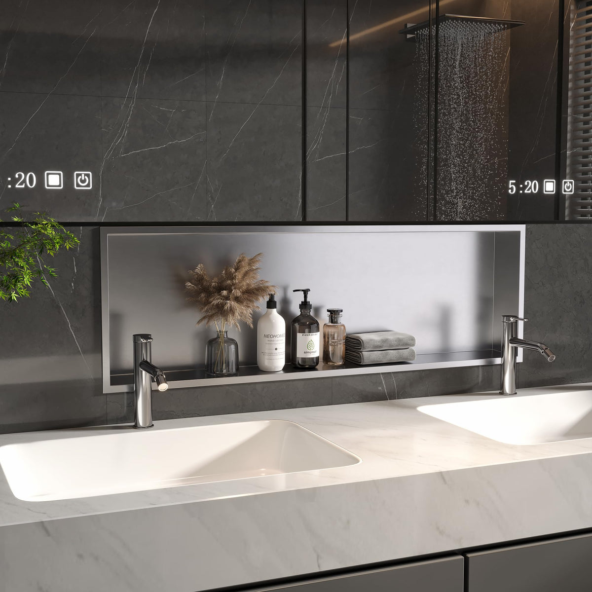 Neodrain Shower Niche, Insert Bathroom Storage Shower Shelf, Stainless Steel Recessed Wall Niche No Tiled Recessed Cabinet Waterproof for Shower Storage(Brushed,36"x12")