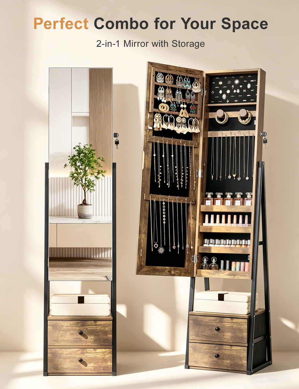Nicetree Jewelry Cabinet,Standing Jewelry Mirror with Storage, Mirror Jewelry Armoire with 2 Drawers, Full Length Mirror with Lock, Shelf, Polishing Cloth,Wood Grain Brown