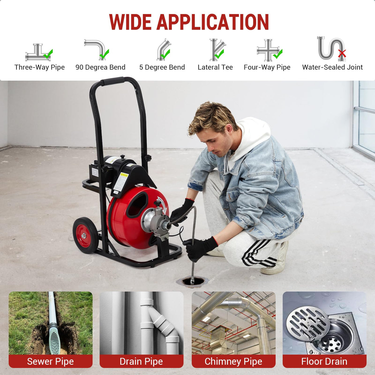 GarveeTech Auto Feed 100 ft x 3/8 in Drain Cleaner Machine with 250W Motor, Portable Sewer Snake Auger with 8 Cutters & Air-Activated Foot Switch, Fits 1 in to 4 in Pipes, Black & Red