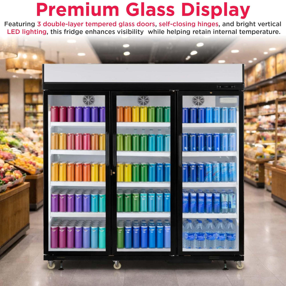 Frigidaire Commercial, 70.9" Triple Door Glass Display Refrigerator, Merchandiser Fridge, 49 Cu Ft, LED Lighting, 8 Wire Shelves, Digital Temperature Control, Self-Closing Glass Doors