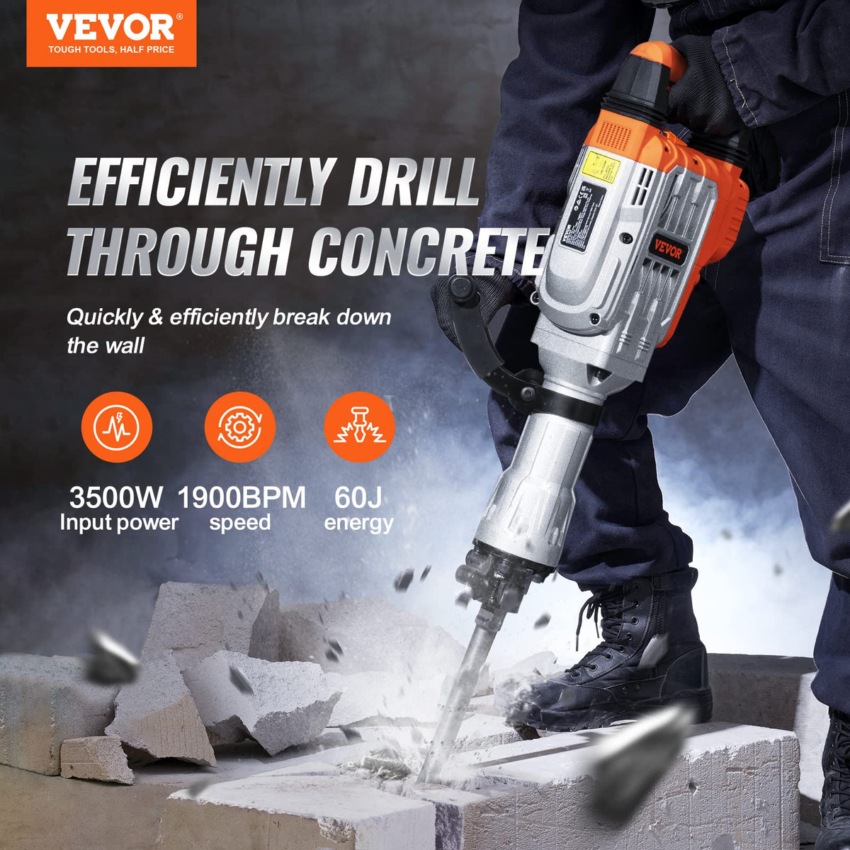 VEVOR Demolition Jack Hammer, 3500W Jack Hammer Concrete Breaker 1900 BPM Heavy Duty Electric Jack Hammer, 2pcs Chisel w/Gloves & 360°C Swiveling Front Handle for Trenching and Breaking Holes