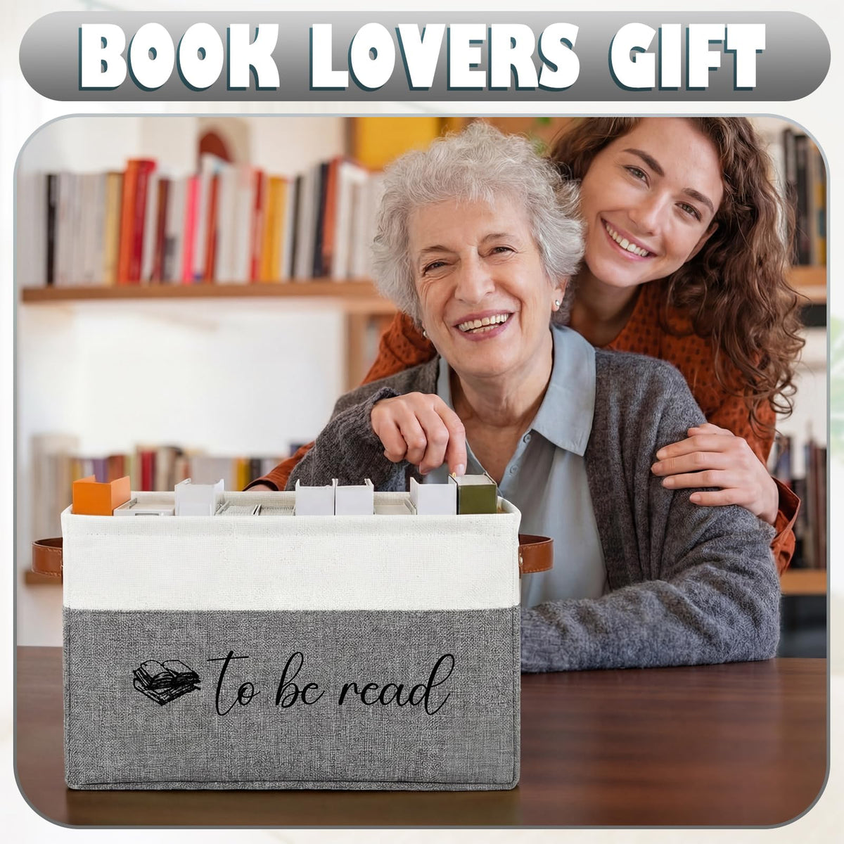 Marsui Book Lover Gifts TBR Book Storage Basket with Lids to Be Read List Storage Bin Bookish Accessories Bookworm Gift for Club Members Student Teacher Reading Accessories(White and Grey)