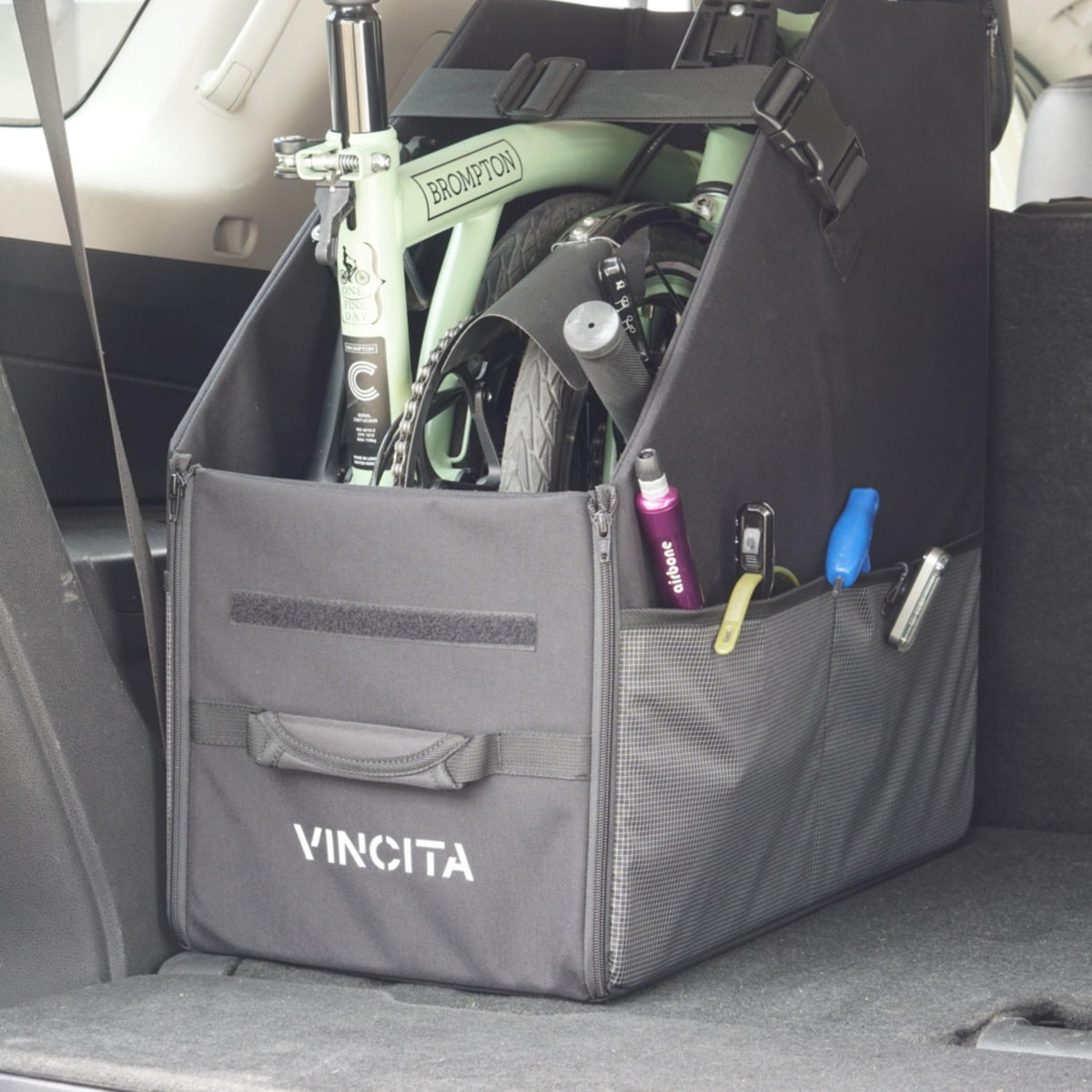 Vincita Keeper Box 2.0 for Folding Bike – Vertical Car Trunk Storage Organizer – Anti-Slip Transport Case with Security Buckle & Side Pockets – Protects Car Interior