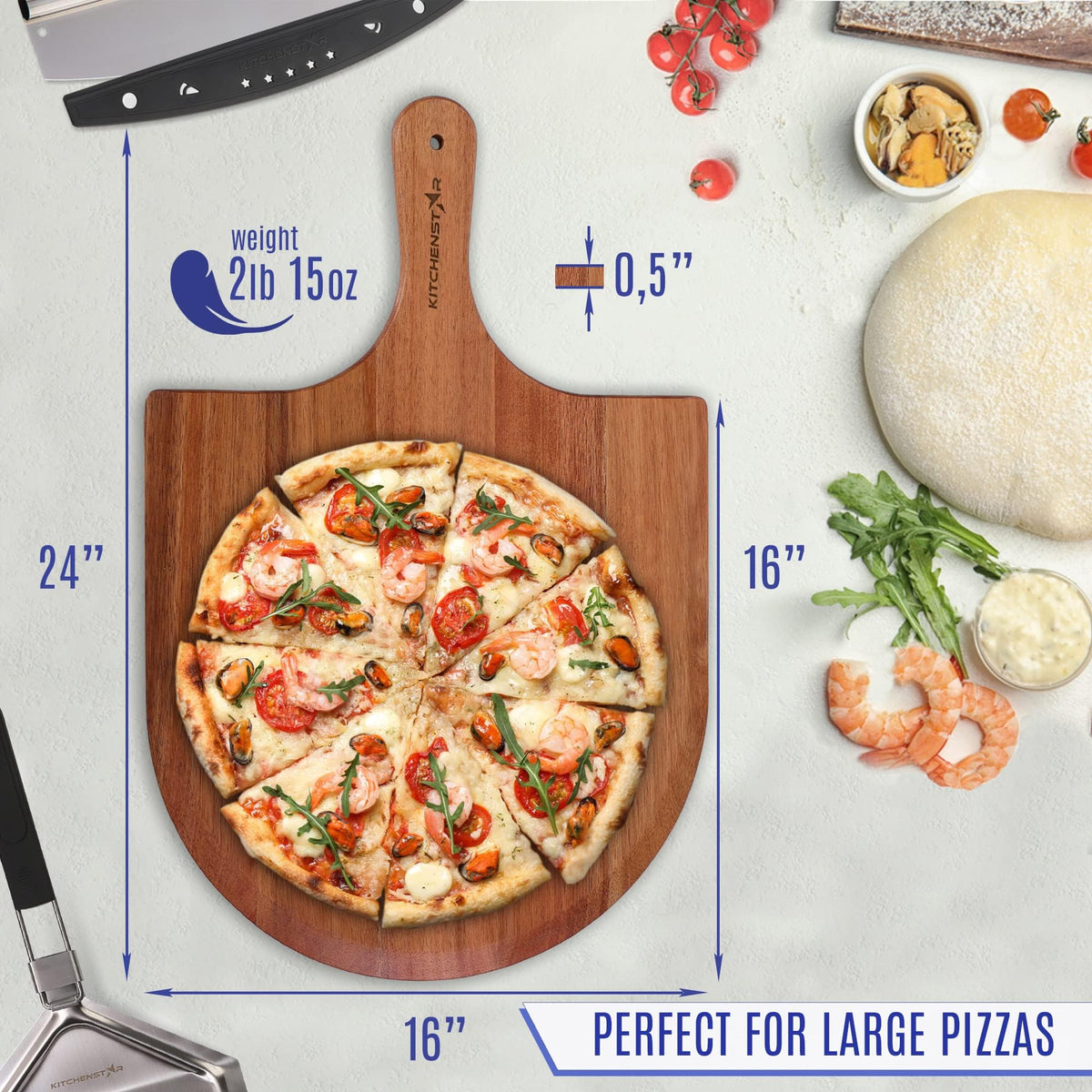 KitchenStar Pizza Cutter Rocker Blade 16" Black + Wooden Pizza Peel 16" + Pizza Stone for Oven and Grill 16" with Handles - Pizza Making Bundle