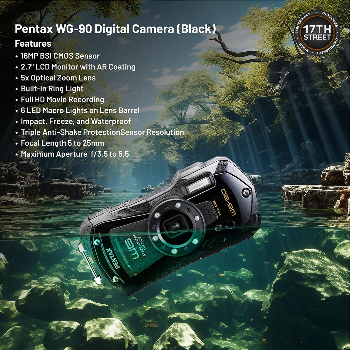 Pentax WG-90 Waterproof Digital Camera (Black) | 2.7" LCD Monitor Display Camera with 32GB Ultra UHS-I SDHC Memory Card and Waith Quick Release Camera Floating Strap (Yellow) - Essential Bundle Kit