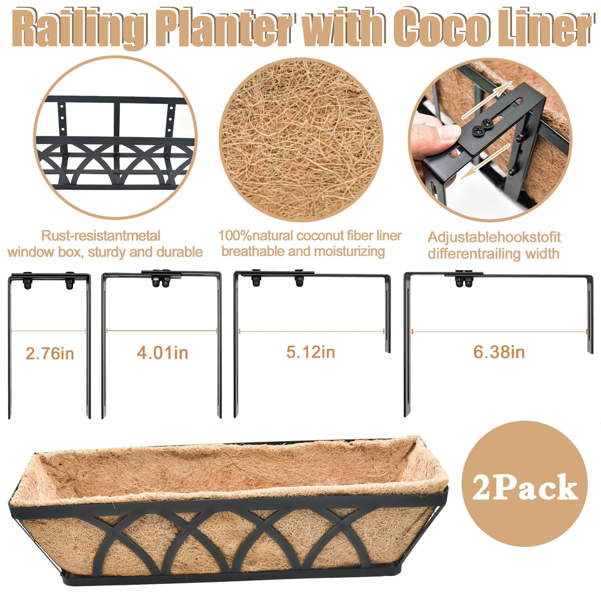 ZVOWOS Flat Railing Planter Window Box 2 Pack 30" Horse Trough Planter with Coco Fiber Liner Metal Window Planter Box Deck Balcony Rail Planter for Outdoor Porch Fence Patio