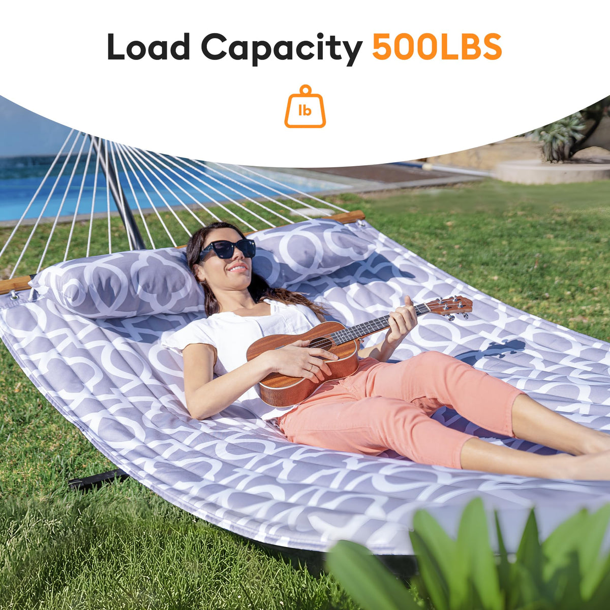 Everyfun Double Hammock with Spreader Bar,Soft Pillow,Max Load 500lbs,Portable Hammock for Outdoor,Camping,and Backyard,White Gray