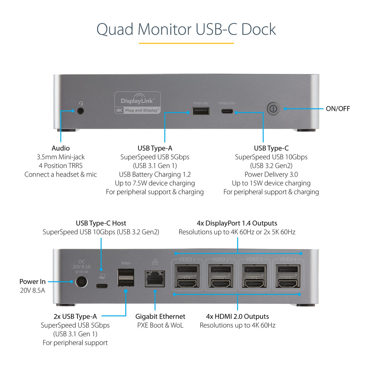 StarTech.com USB-C Quad Monitor Docking Station for MacBook Pro/Air M1 M2 M3 M4 & Windows, Universal 4K 60Hz HDMI DP Dock, Thunderbolt Compatible, 100W Laptop Charging