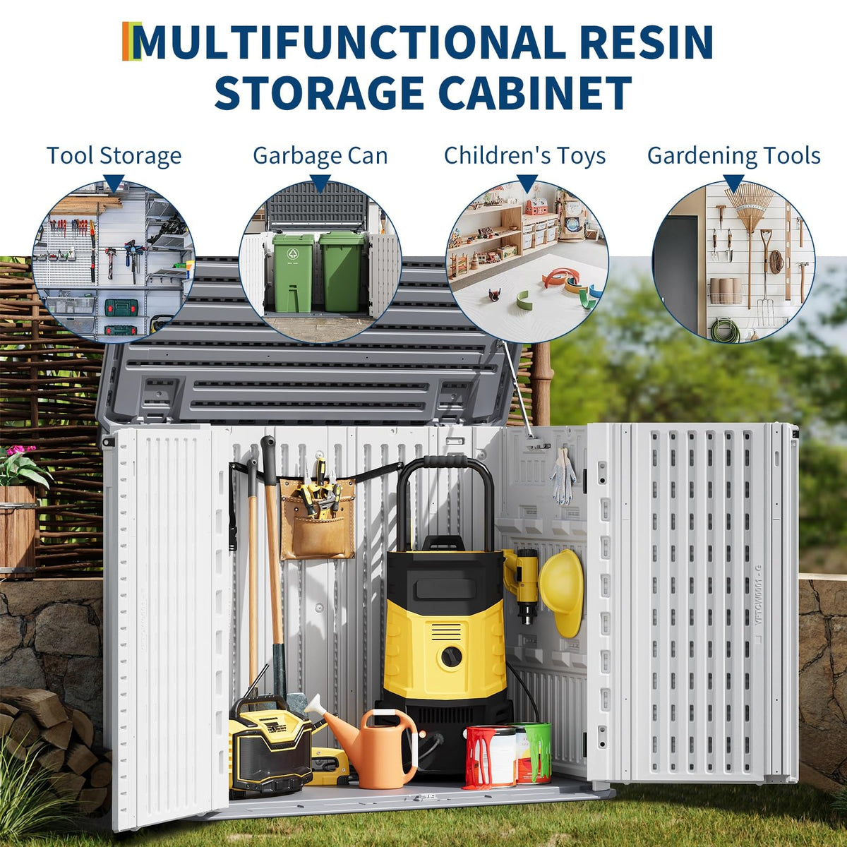 35 Cu ft Outdoor Storage Cabinet, Waterproof Outdoor Resin Storage Box, Outdoor Trash Can Storage for Patio Tools, Sofa Cushion, Lawn Mower and Garbage Cans