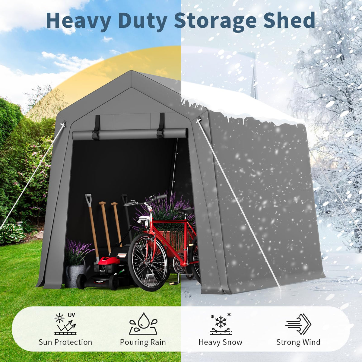 Portable Carport Storage Shed, 6' x 6' Motorcycle Tent, Waterproof & UV-Resistant with Roll-Up Zipper Doors, Gray Outdoor Shelter for Bikes, Tools & Equipment
