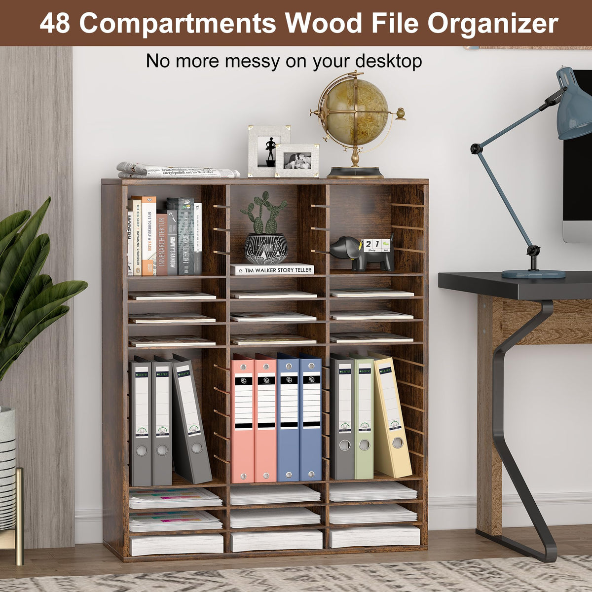 EasyPAG Wooden Literature Organizer with Adjustable Shelves, 48 Compartments Office Paper Organizer Storage 24000 Sheets Letter Size Paper, Student Mailbox for Classroom, Archaize