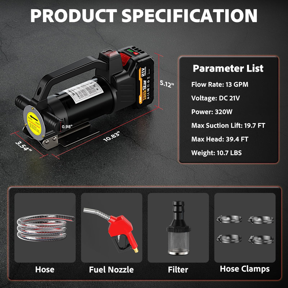 TaskStar Fuel Transfer Pump Battery Powered, 13GPM Electric Pump with 21V 4.0Ah Battery & Charger, Portable Cordless Pump with Auto-off Nozzle & 2x 6.6FT Hoses for Water Diesel Kerosene Transfer