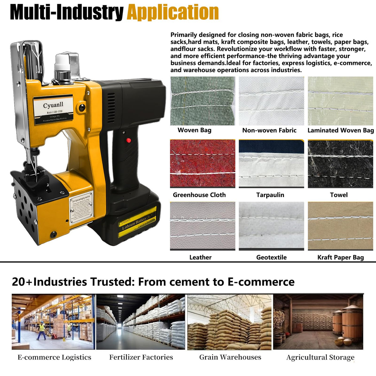 Bag Sewing Machine-Portable Battery Handheld Cordless Bag Sewing Machine,Automatic Bag Stitcher With Thread for Burlap Sack, Canvas,Feed Sacks,Rice Bags,Jute Bags,Seed Bags(Machine+1 battery)-Yellow