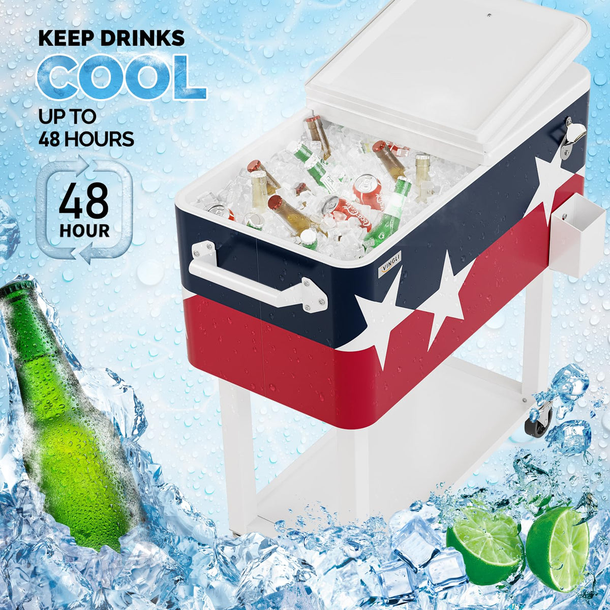 VINGLI 80 Quart Rolling Ice Chest, Portable Patio Party Bar Drink Cooler Cart, with Shelf, Beverage Pool with Bottle Opener (Red， White & Blue)