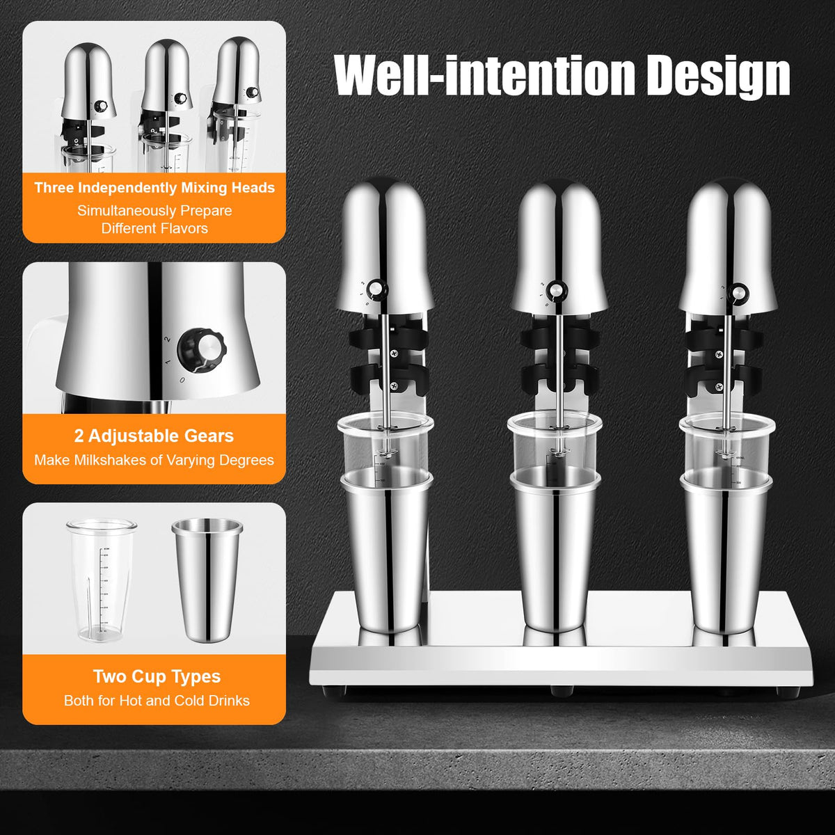 3-Head Commercial Drink Mixer, Milkshake Maker, Stand Mixer for Cocktail Maker Machine, 180W Powerful Motor with 18,000 RPM, Stainless Steel Heavy-Duty Blender for Milkshake, Fruit Smoothie, Milk Tea