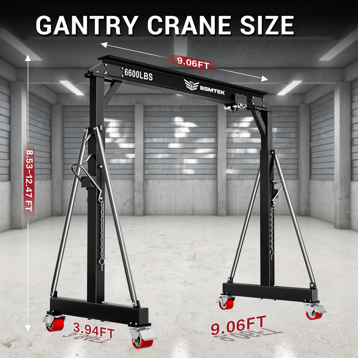 BSMTEK Gantry Crane 3 Ton MAX6600lbs, Adjustable Height (8.53-12.47 FT) & Width (9.06 FT, Available 8.53FT), Steel I-Beam Construction, Portable Shop Hoist for Factories, Warehouses