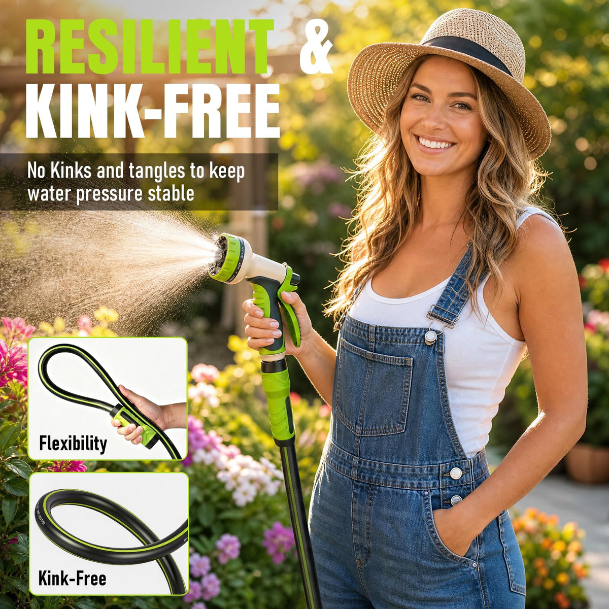 Garden Hose 25ft x 5/8", Heavy Duty Water Hose, Flexible and Durable, Kink Resistant Lightweight Hybrid Hose, Leakproof Yard Hose with Male to Female Fittings