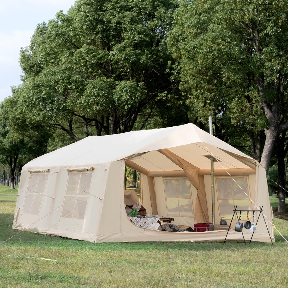 Inflatable Tent for Camping with Rainfly, 8-12 Person Easy Setup Air Tent with 2 Rooms & Hand Pump, 4 Season Glamping Tent with Stove Jack, Large Family House Tent for Outdoor Camping