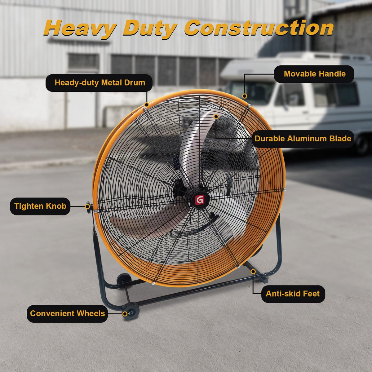 GarveeTech 24 in Industrial High Velocity Drum Fan, 8800 CFM High Velocity Floor Fan With 3-Speed Control, 360° Tilt Portable Air Circulator for Warehouse, Garage, Basement
