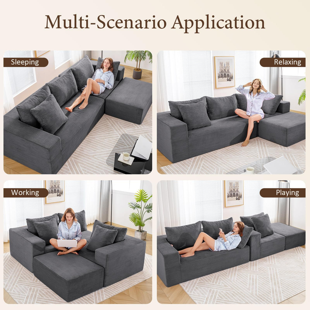 INGEROOM 108" Cloud Sectional Couch with L-Shape Chaise, Modular Sofa Memory Foam, Boneless Sofa with Movable Ottoman, Upholstered Couches for Living Room Bedroom, No Assembly Required, Dark Gray