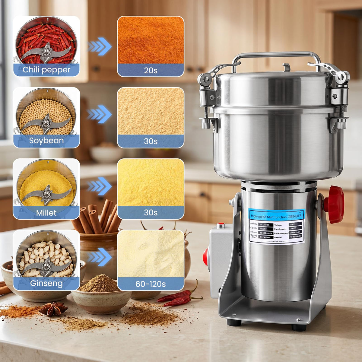 Powerful 3600W Grain Mill Grinder – 2500g Stainless Steel, 36000 RPM Triple-Blade System, 270° Swing for Easy Flour Making, 30-300 Mesh Adjustable, for Home Kitchen & Coffee Shop