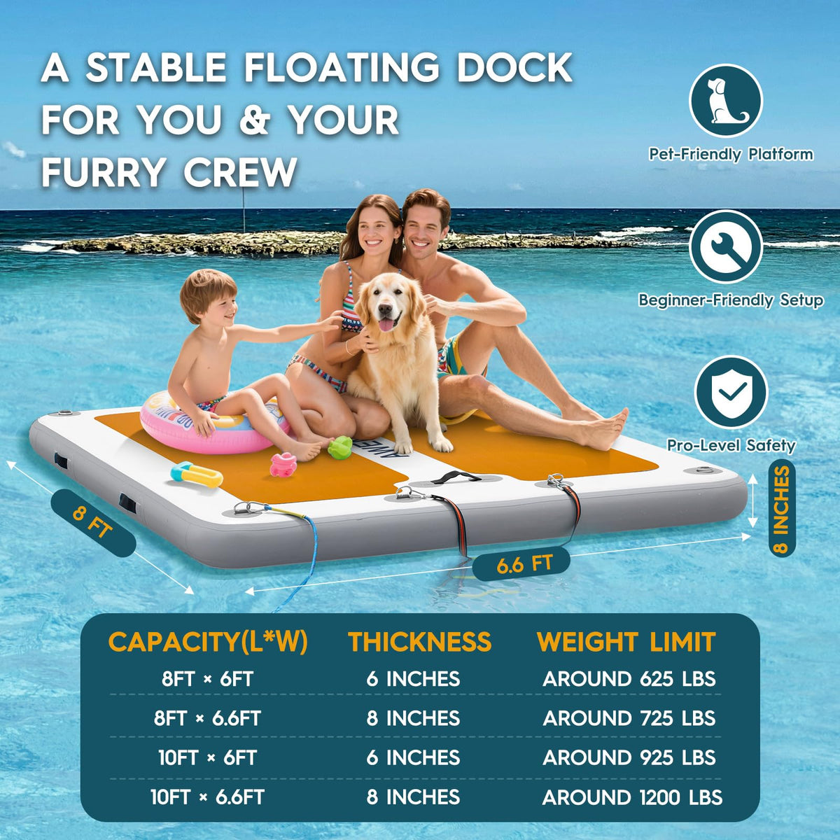 AWEMUFA 8ft x 6.6ft x 8inches Floating Dock with Non-Slip Surface, Inflatable Dock Floating Platform Water Mat Floating Island Raft for Lake Pool Beach Ocean