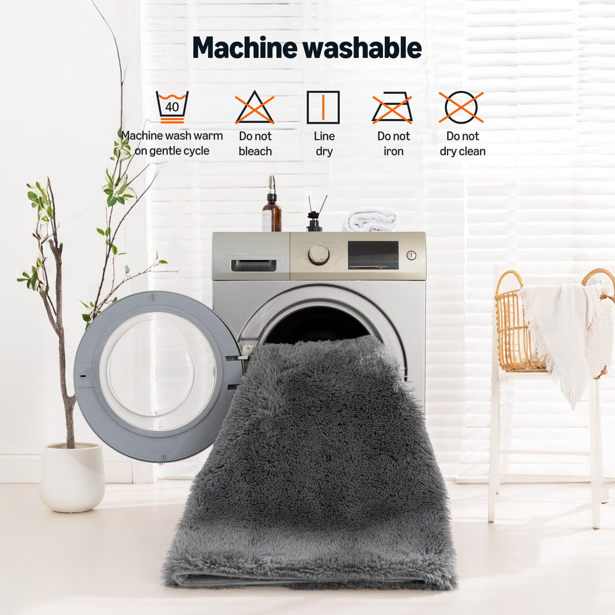 Amazon Basics Fluffy Washable Area Rug, Bedside Shaggy Carpet for Door Entryway, Living Room and Bedroom, 2' W × 3' L, Dark Gray