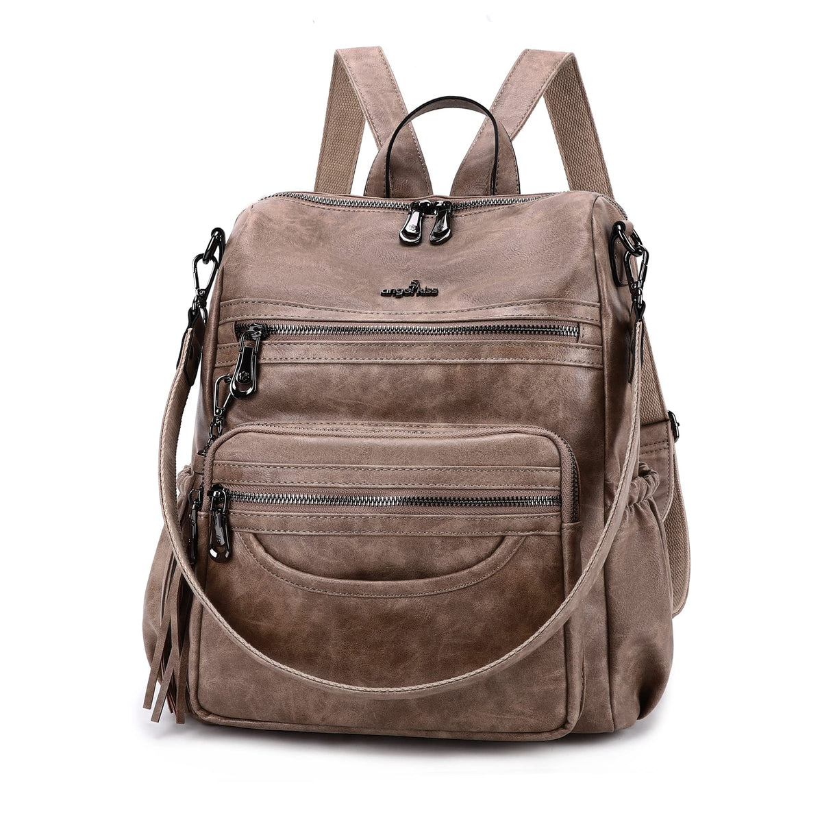Angel Kiss Backpack Purse Women PU Leather ladies fashion shoulder bag Casual Tassel Zipper Backpacks(Taupe)