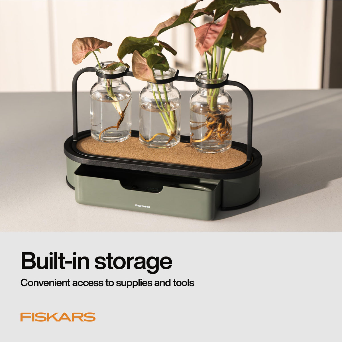 Fiskars Plant Propagation Station, Glass Test Tube Vases for Rooting Cuttings w/Metal Rack & Storage Drawer, Hydroponic System for Indoor Gardening Decor, Straight Sided Flutes for Easy Root Removal