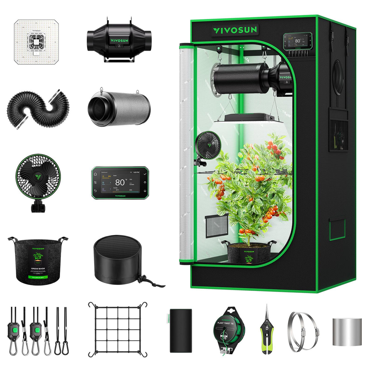 VIVOSUN Smart Pro Grow Tent Kit, 2 × 2ft 1-Plant Kit, WiFi-Integrated Automatic Control with GrowHub E42A+, 2-in-1 Tunable Spectrum LED Grow Light, 360° Ventilation & Circulation Control System