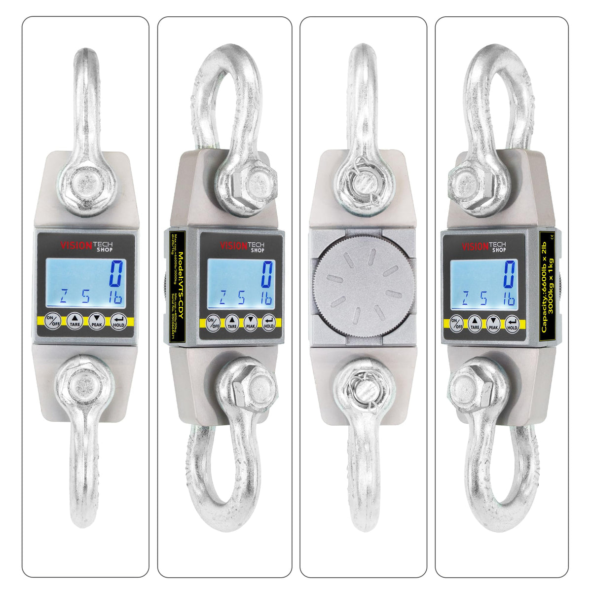 VisionTechShop Crane Scale, Dynamometer for Force, Tension and Weight, VTS-CDY 6600lb/3000kg Lb/Kg Switchable, Heavy Duty Compact Hanging Scale, LCD Display with Backlight, 2 Shackles
