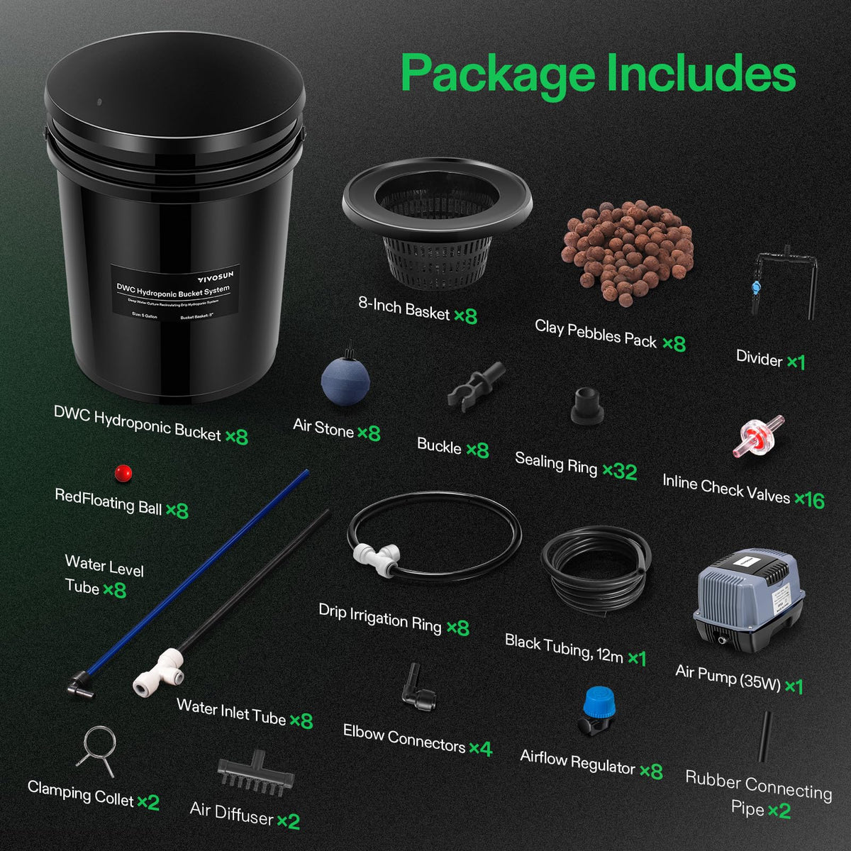 VIVOSUN DWC Hydroponics Grow System with Top Drip Kit, 5-Gallon Deep Water Culture, Recirculating Drip Garden System with Multi-Purpose Air Hose, Air Pump, and Air Stone (8 Buckets + Top Drip Kit)