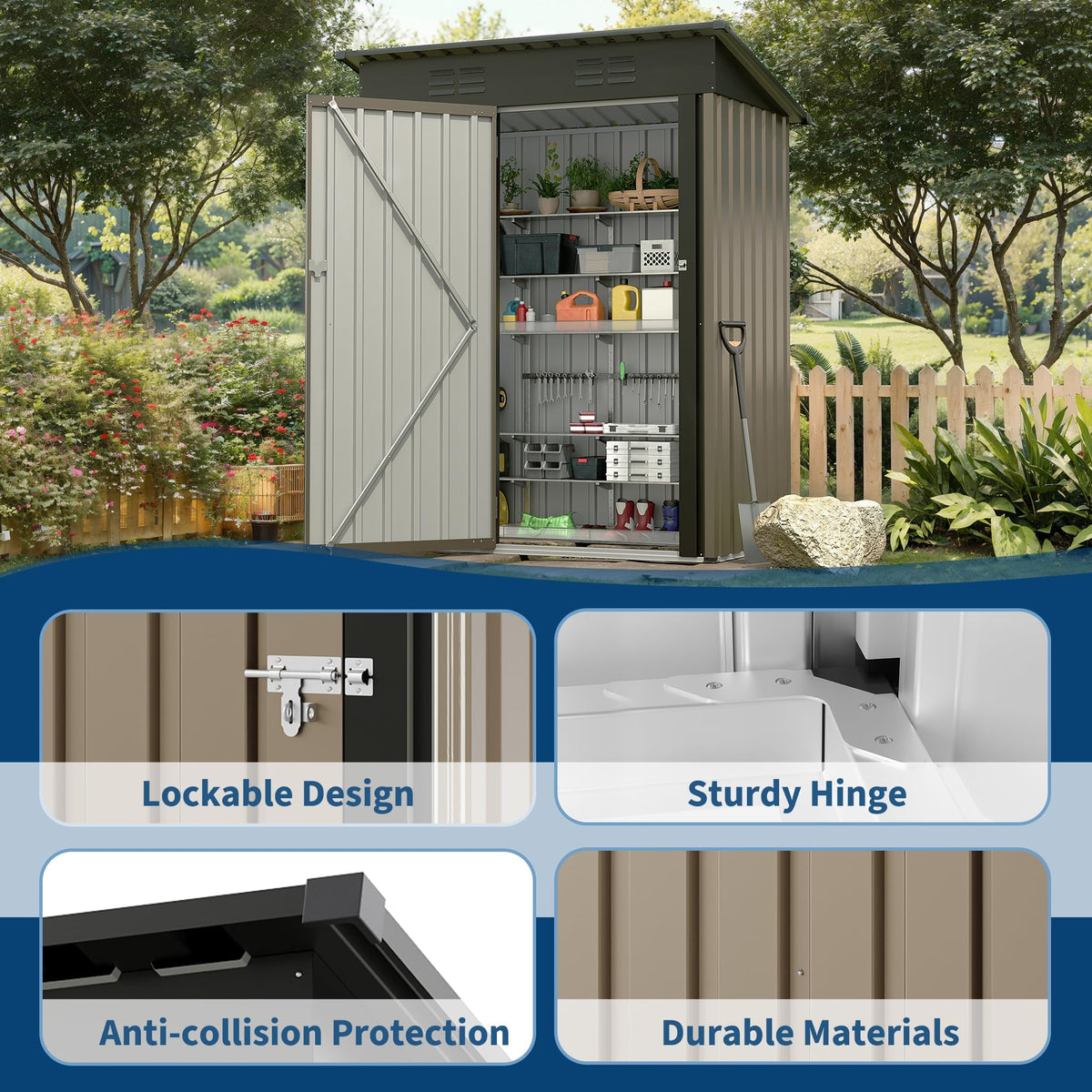 5x3Ft Outdoor Storage Shed, Metal Tool Shed with Lockable Door & Sloped Roof, Weatherproof, Compact Garden Storage Shed for Backyard, Patio, Lawn, or Tools & Equipment, Brown