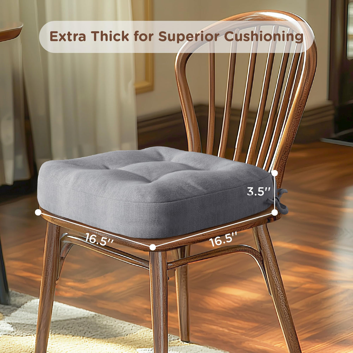 Codi Dining Chair Cushions 4 Pack, Thick Chairs Pads for Indoor Kitchen Room - Washable, Non-Slip Memory Foam Seat Cushion with Ties, 16.5"x16.5"x 3.5", Set of 4, Grey New