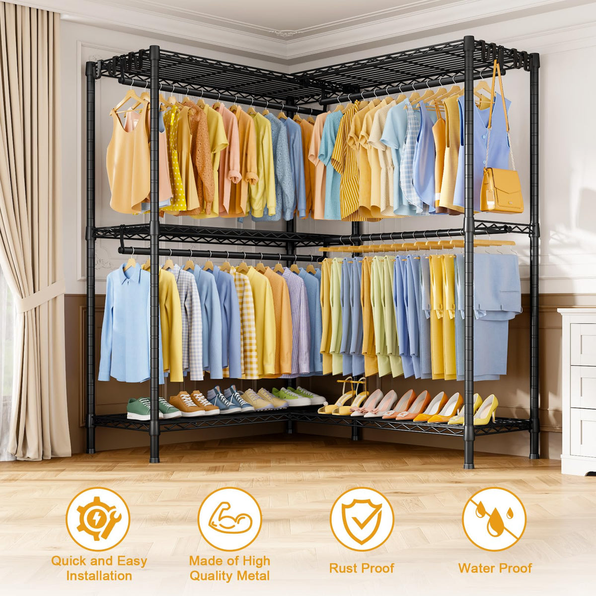 ULIFHOME E15 Pro Garment Rack L Shaped Clothes Rack for Corner，Freestanding Clothing Racks for Hanging Clothes，Heavy Duty Closet System with 4 Hanging Rods & 8 S Hooks，48.8"W x 15.8"D x 78.4"H，Black