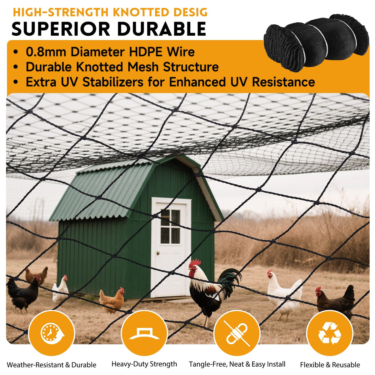 Heavy Duty Bird Netting for Chicken Coop with 1" Mesh, 50x50 ft Reinforced HDPE Poultry Netting, Durable & Reusable Chicken Netting for Hawks, Predator Proof for Farm, Fence, Garden & Orchard