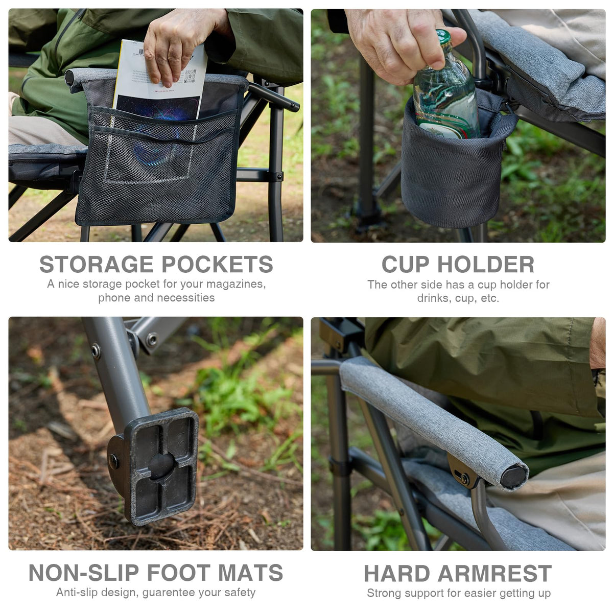 EVER ADVANCED Padded Oversized Folding Camping Chair for Adults, Heavy Duty Lawn Chair with Side Pockets, Portable Collapsible Quad Chair for Outside, Support Up to 500lbs, Grey