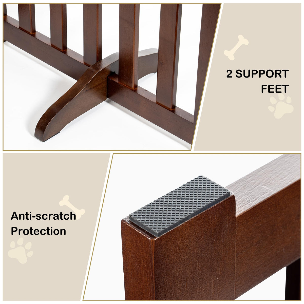 30" Height Tall Freestanding Pet Gate, Solid Wood Folding Safety Fence Wooden Dog Gate with 2 PCs Support Feet Ideal for Stairs, Doorways, Halls, Kitchens, Heavy Duty Gates, 4 Panels, Walnut