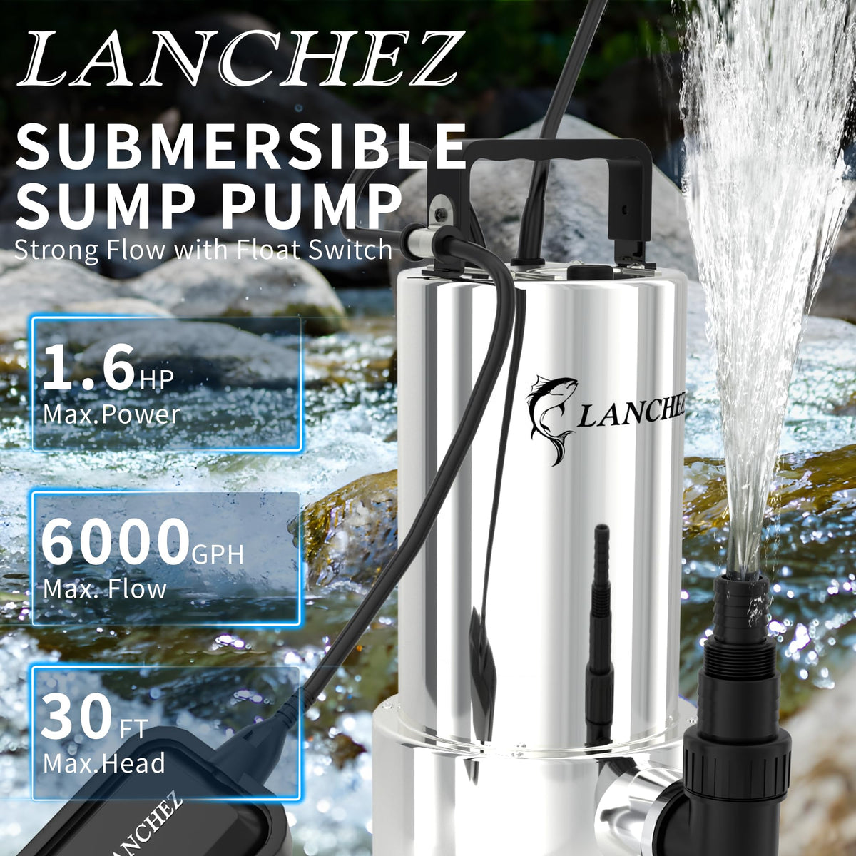 LANCHEZ 1.6HP 6000GPH Sump Pump, Stainless Steel High Flow Submersible Water Pump with Float Switch, Automatic Transfer Water Pump for Swimming Pool Basement Flooded Pit Sewage Sink Tub, Silver