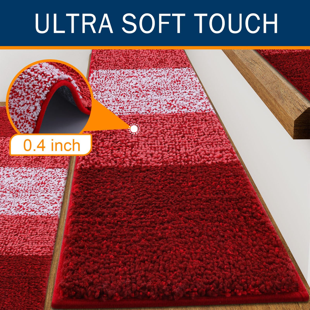OLANLY Stair Treads Non Slip 15PCS, 8" x 30" Indoor Stair Runners for Wooden Steps, Edging Stair Rugs with Reusable Peel and Stick Adhesive for Kids Elders and Pets, Burgundy