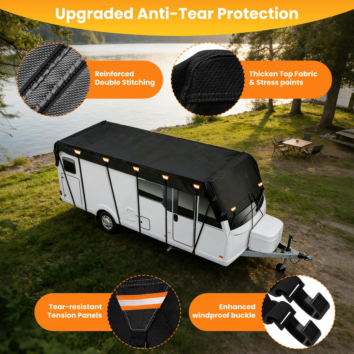 Hicover 600D Rv Roof Cover Waterproof, Camper Roof Cover Wind, Rain and Snow Proof Pop up Camper Caravan Truck Camper Cover Heavy Duty Rv Covers with Reflective Strips Fits 34ft to 36ft RVs 11.5m*3m