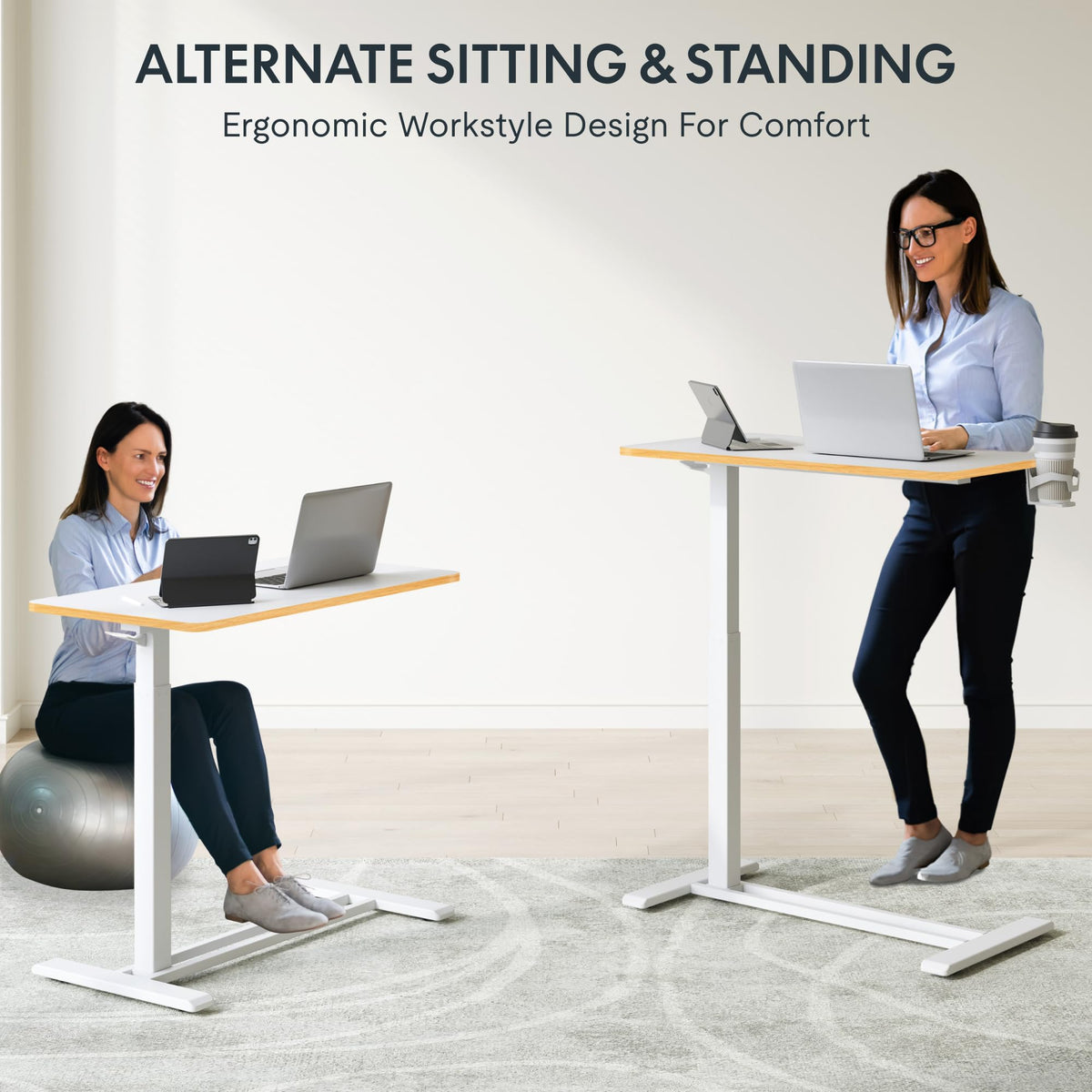 FLEXISPOT H7 Adjustable Overbed Bedside Table with Wheels Pneumatic Mobile Standing Laptop Desk Rolling Computer Cart Movable Overbed Table Hospital Home Use (31.5" W x 17.7" D, White Maple Large)